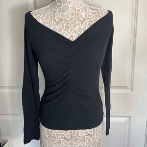 Three Dots dark charcoal ruched front  V neck/  ballet neck top M